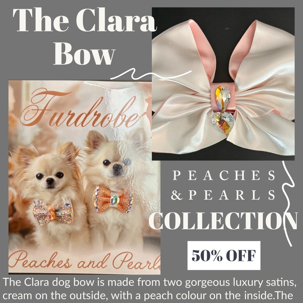 Furdrobe Peaches and Pearls Swarovski crystal pet bow. 10” x 5”